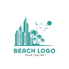 Fototapeta premium Stylized teal logo depicting a modern city skyline adjacent to a tropical beach with palm trees, flying birds, and a sun.