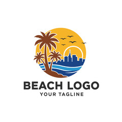 Beach logo design featuring palm trees, ocean waves, city skyline, birds, and a bright sun, all within a circular frame.