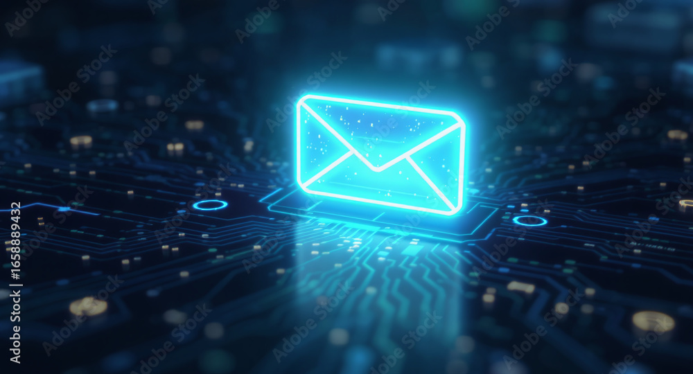 Poster high-tech glowing envelope email interface in dark background, digital security access panel, sci-fi