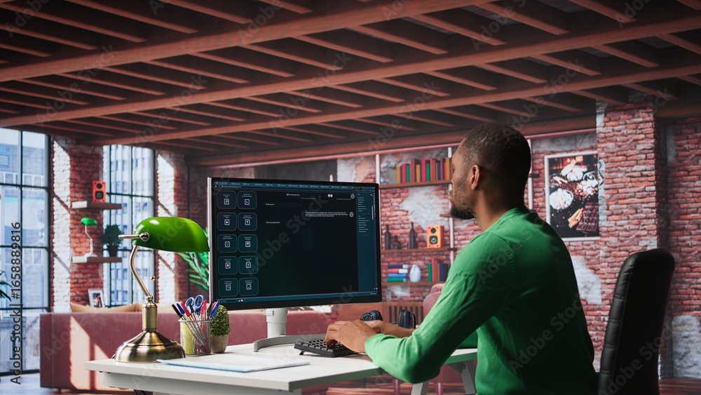 Poster black male freelancer at home uses ai chatbot for task completion, automation and machine learning. 