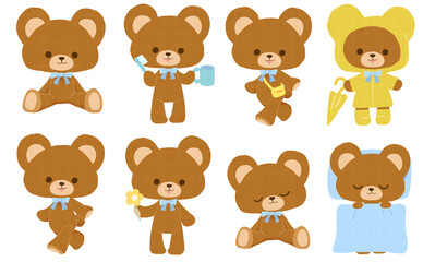 リボンをつけたクマの色々なポーズのイラストセット