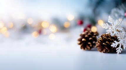 Decorative pinecones and snowflakes on a snowy surface during winter holidays
