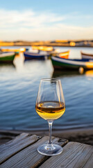 Obraz premium Wine glass on rustic table by Portuguese waterfront at sunset, perfect for relaxing winery themes and travel promotions.