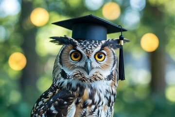 A close up of an owl wearing a graduation cap with a blurred background and bokeh lights visible