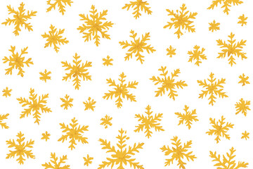 An assortment of golden snowflakes scattered randomly, each uniquely designed. The snowflakes fall gently, creating a serene and magical winter scene.