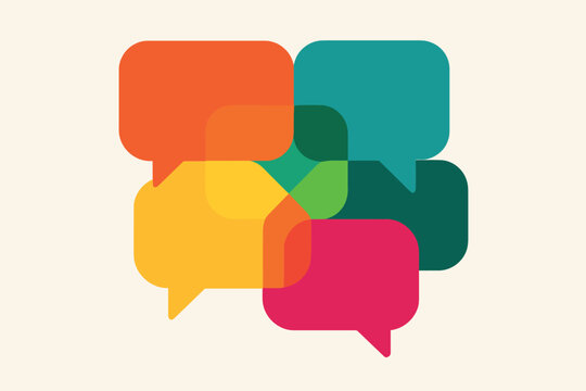 A collection of overlapping text boxes in bold hues, representing conversation and dialogue. Each box has a unique shade, creating a mosaic-like