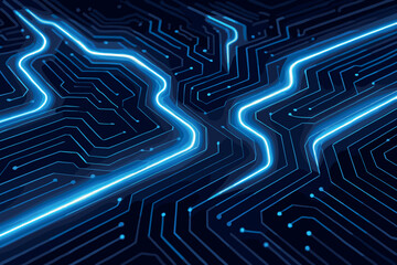 Digital data streams flowing through a maze of circuit paths, creating a sense of movement and energy. The layout is complex yet organized, with