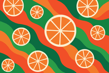 Geometric citrus slices are scattered across a bold, undulating background of vivid reds, greens, and oranges. The composition uses white outlines to