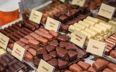 Gourmet Swiss chocolates with mocca, gianduja and raspberry flavors in Zurich