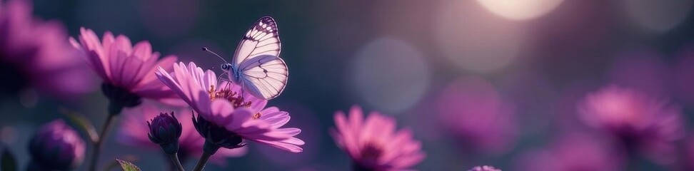 Monochrome butterfly perched on vibrant purple bloom, delicate wings , spring, botanical, stock