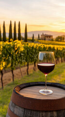  Wine glass on barrel with Tuscan vineyard backdrop at sunset in Italy's scenic winery landscape