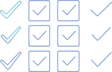 A collection of minimalist checkmark icons displayed in a grid layout, featuring thin lines and a gradient of blue and pink. Each icon is enclosed in