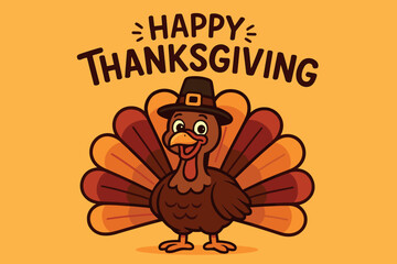 A cartoon turkey wearing a pilgrim hat, its feathers fanned out in vibrant fall colors, takes center stage with a cheerful expression. The background
