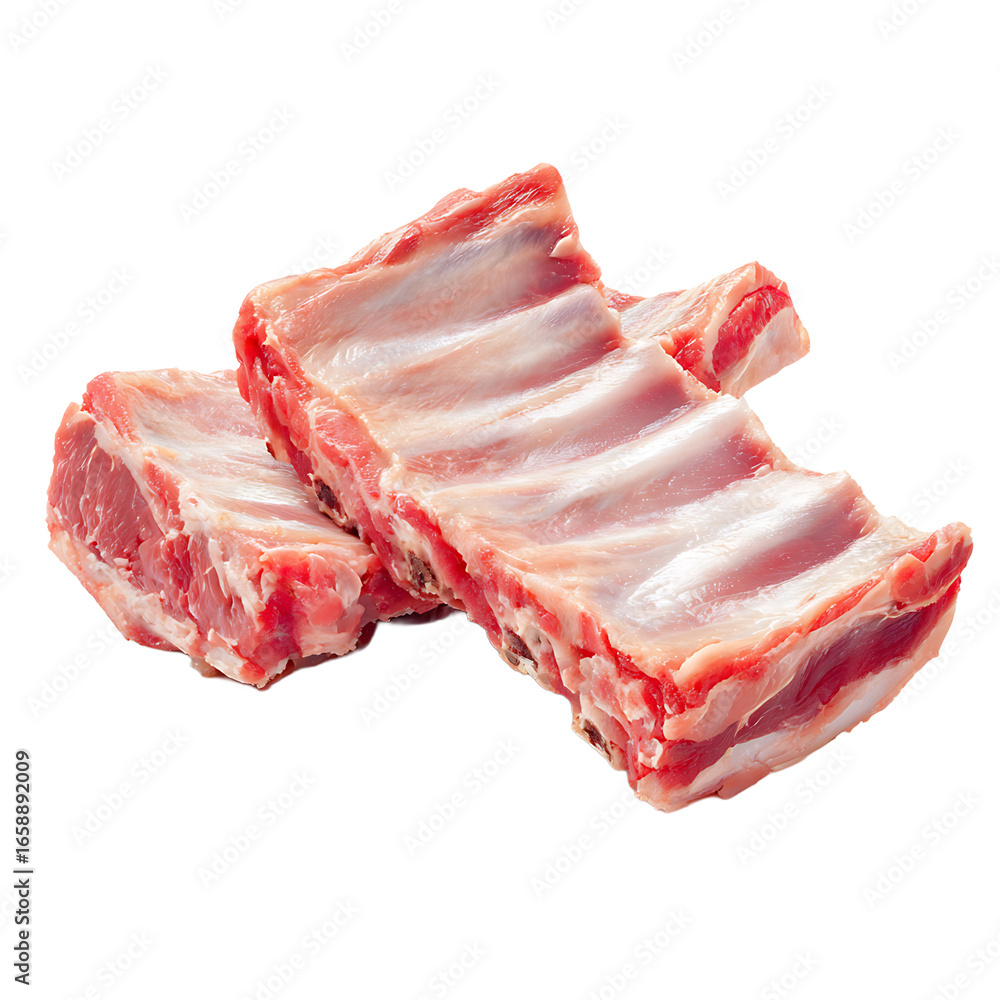 Poster two sections of raw ribs stacked showcasing meat and bone structure against a dark background isolat