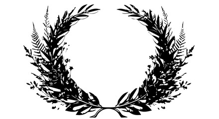 Elegant black silhouette of a circular botanical wreath with mixed leaves ferns and flowers.