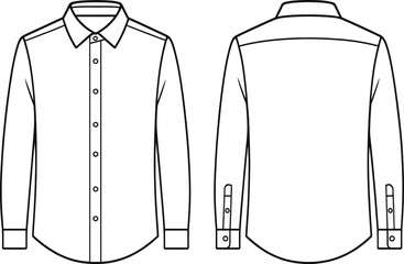 An outline drawing of a long-sleeve shirt featuring both front and back views. The design includes a button-up front and a classic collar, with cuffs