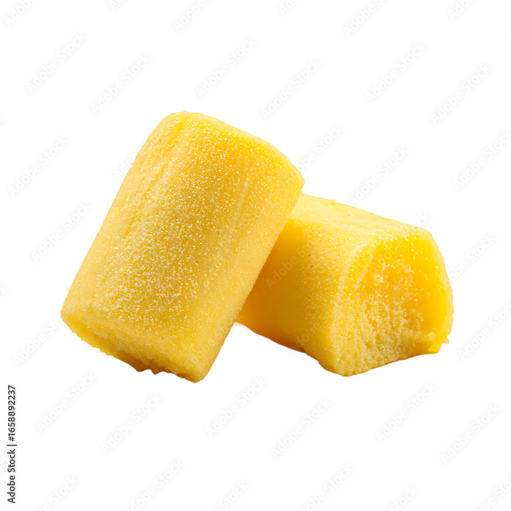 Poster two yellow cylinder-shaped objects sit closely together against a black background with a soft textu