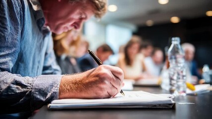 Medium shot of a journalist taking notes intently at a local newspaper editorial session with the surrounding meeting participants gently out of focus portraying concentrated group