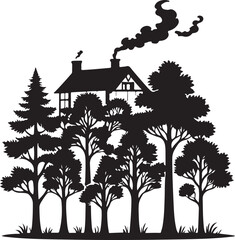 Fototapeta premium Black silhouette of a house with smoking chimneys surrounded by trees and grass home building