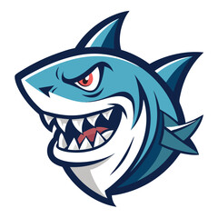 Furious shark head mascot logo design featuring sharp rows of teeth and bold color accents