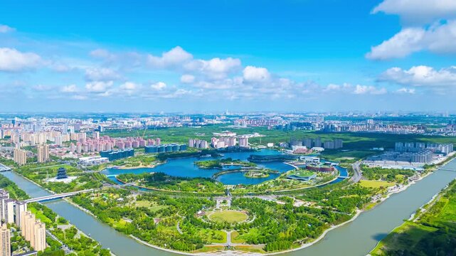 4K Time lapse Aerial view of the second largest artificial lake in Shanghai on sunny day.