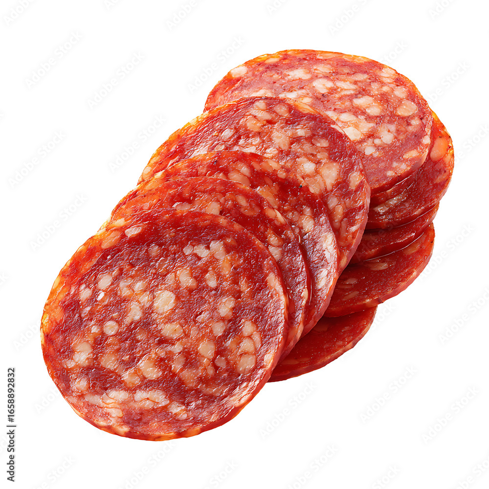 Poster a stack of spicy flavorful salami slices featuring a rich reddish hue and a distinct pattern of smal
