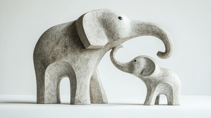 This artistic image showcases a pair of stylish elephant figurines symbolizing family bonds and love, embraced in gentle curves and minimalistic design against a soft backdrop.