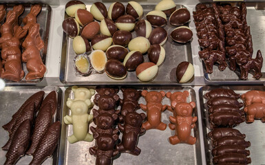 Playful Swiss chocolates shaped like bears, bunnies and eggs, Zurich chocolatier
