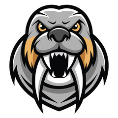 Furious walrus head mascot logo design featuring prominent tusks and vibrant colors