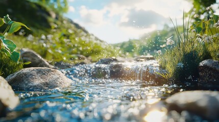 Fototapeta premium A picturesque river scene on a bright sunny day, where the sparkling water flows gently over stones, capturing the essence of nature's beauty and tranquility.