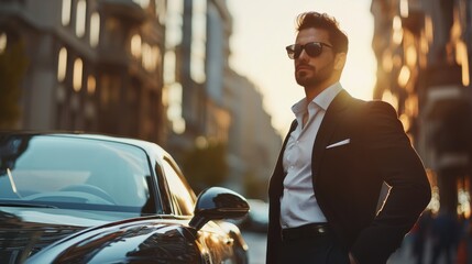 A stylish man in a sharp black suit stands confidently by a luxury sports car, embodying success and sophistication in an urban setting at sunset, capturing attention effortlessly.