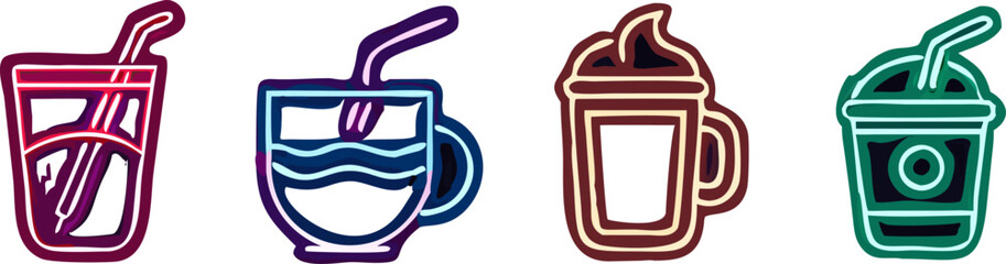 Obraz premium A collection of four stylized neon drink icons, each featuring a different beverage in a glass or cup with a straw.