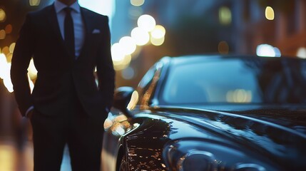 A stylish man stands confidently next to a luxury car at night, bathed in soft city lights that create an alluring atmosphere of modern elegance and sophistication.