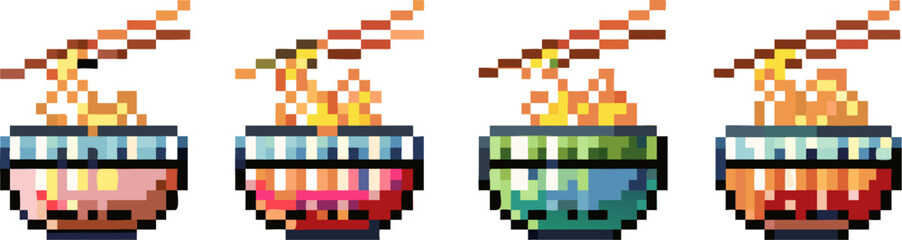Four pixel art bowls of steaming ramen noodles with chopsticks, each bowl a different vibrant color.