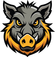 Intense boar head mascot logo design featuring giant tusks and bold colors
