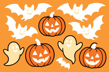 Bouncing bats with wide, friendly smiles flutter around the pumpkins and ghosts. Their wings are playfully spread, adding a sense of movement and