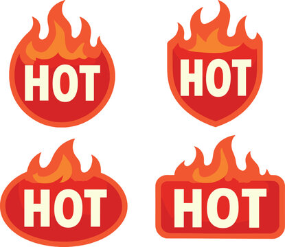 A series of hot-themed marketing icons, each with the word 'HOT' accented by playful flames. The designs include diverse shapes such as shields and