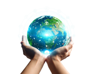 Futuristic Holographic Sphere in Hands Technology and Global Business Symbols