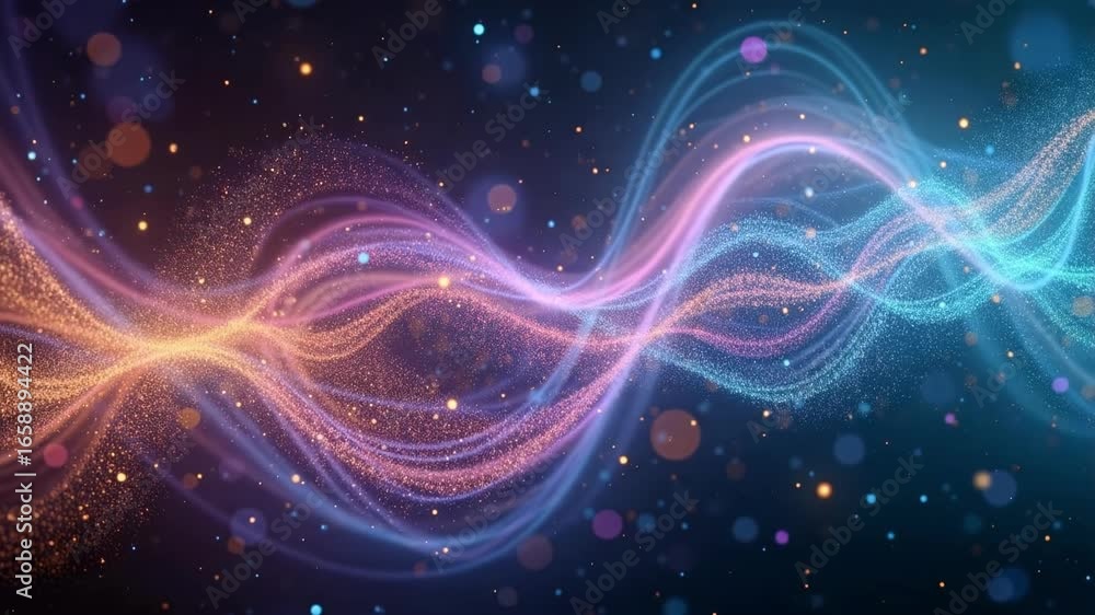Poster mesmerizing data stream animation of flowing particles in vibrant blue and gold colors, perfect for 