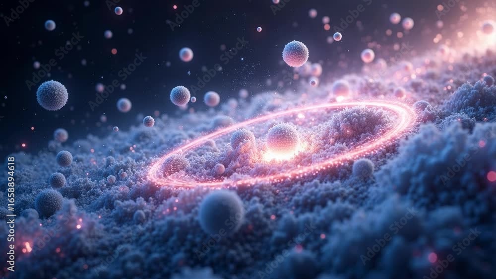 Poster abstract cellular forms floating above textured ground with glowing light, symbolizing science innov