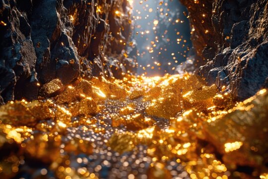 Close-up of a rocky surface full of golden nuggets and vibrant gemstones, showing nature&rsquo;s precious resources.