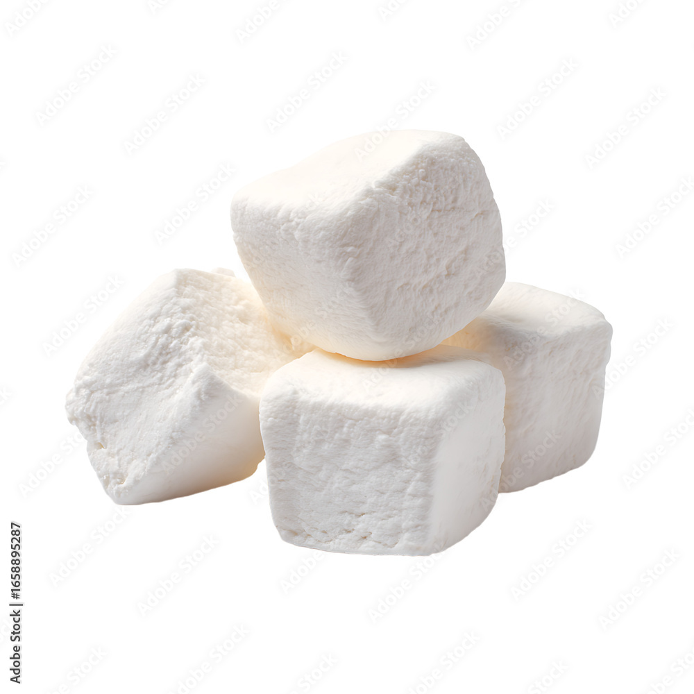 Poster stack of four white fluffy marshmallows on a dark background creating a simple yet appealing food ph