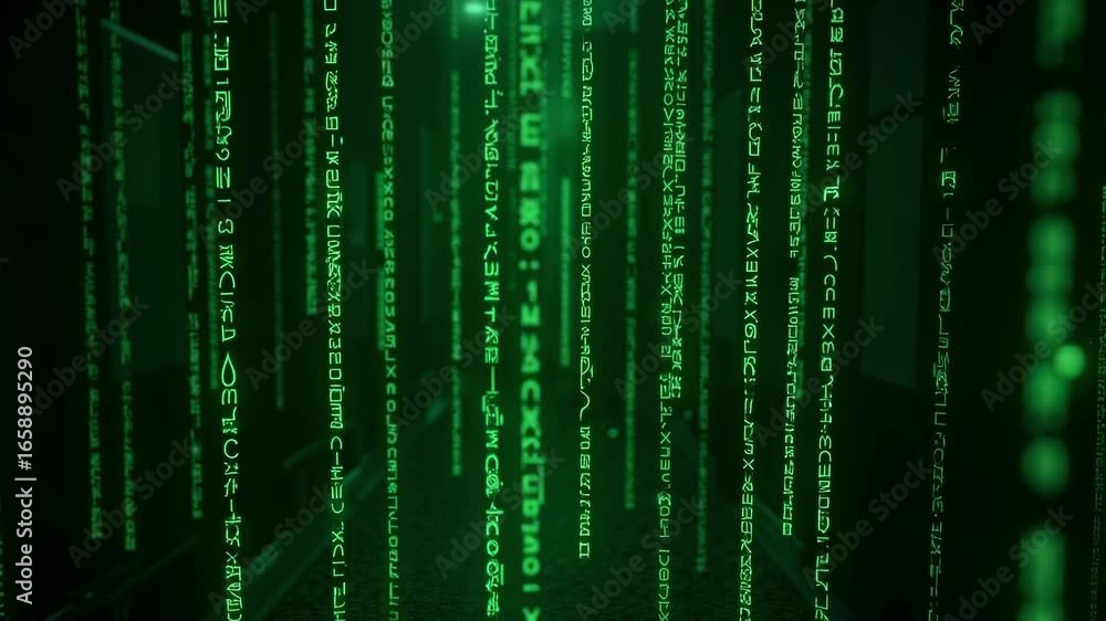 Poster cyberpunk matrix streaming code background for modern tech, software and metaverse concept, digital 