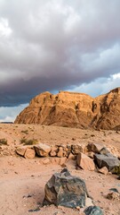 Desert landscape under dramatic sky