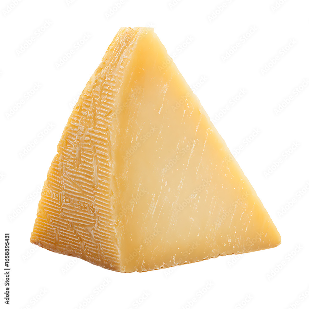 Poster a triangular piece of hard cheese with a textured rind showcasing its aged and flavorful character a