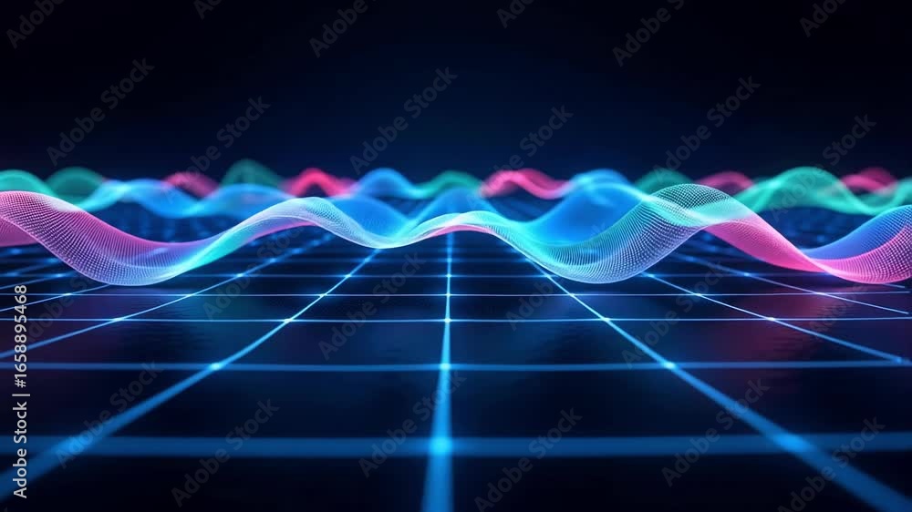 Poster abstract digital waves flowing across a futuristic grid in vibrant pink and blue creating a modern t