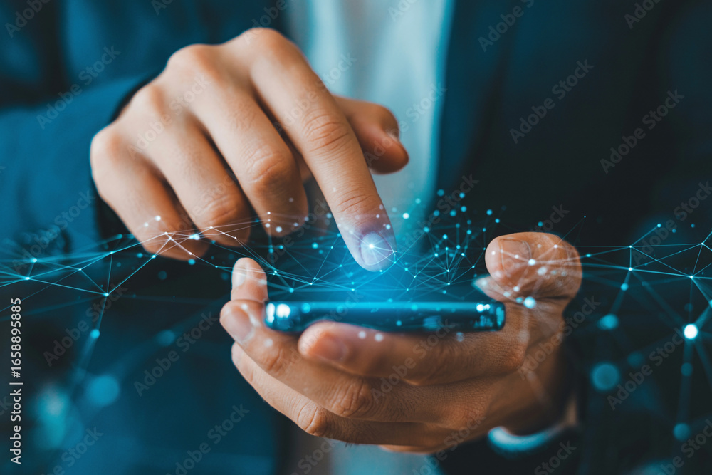 Aufkleber businessman using mobile phone for digital technology and network connection application development