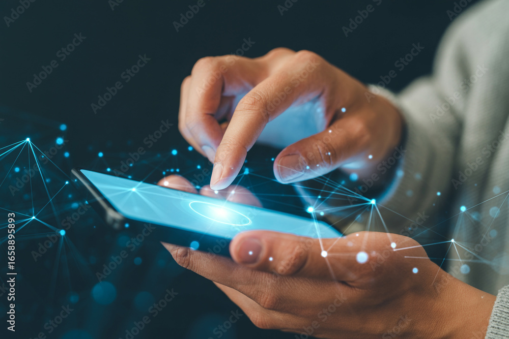 Aufkleber person using smartphone for mobile app development and digital connection technology concept design 