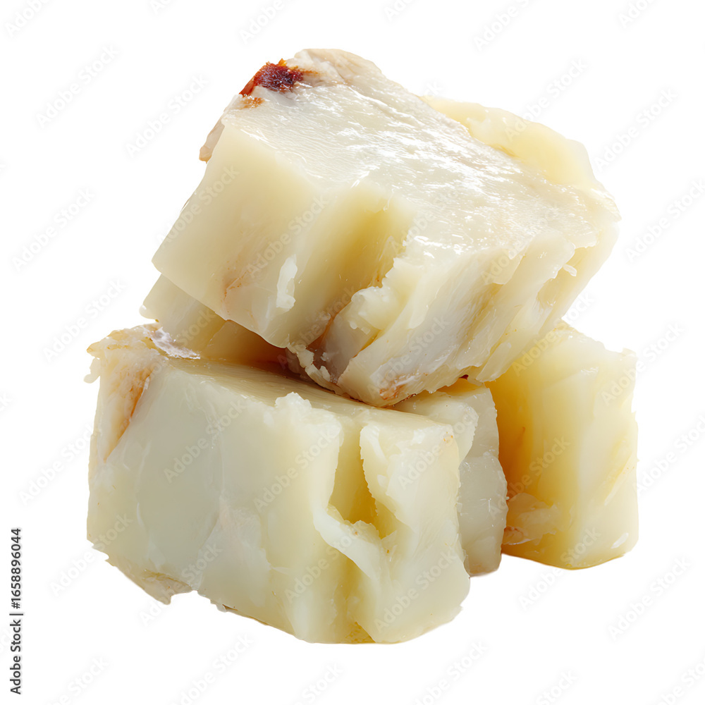 Poster close-up of stacked cubed cooked cod the white texture and subtle imperfections create a simple but 