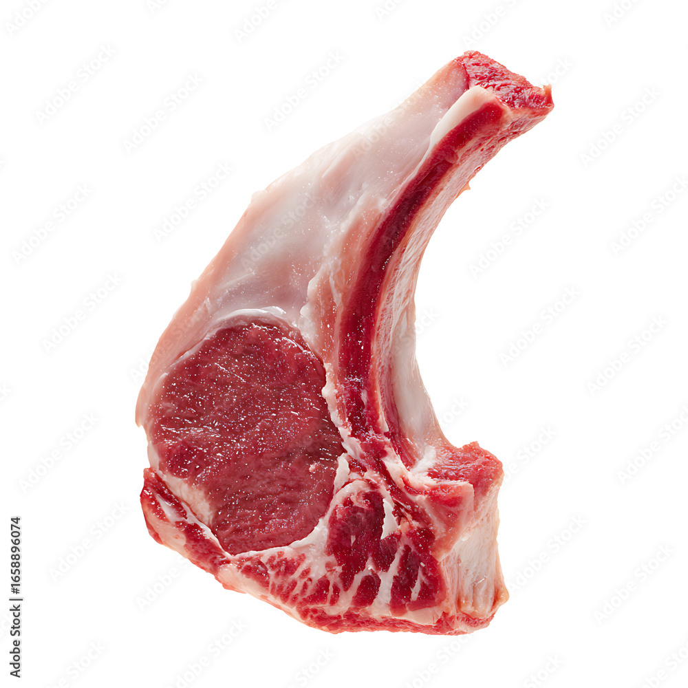 Poster raw lamb chop showcasing red meat and white bone set against a stark black backdrop for maximum visu